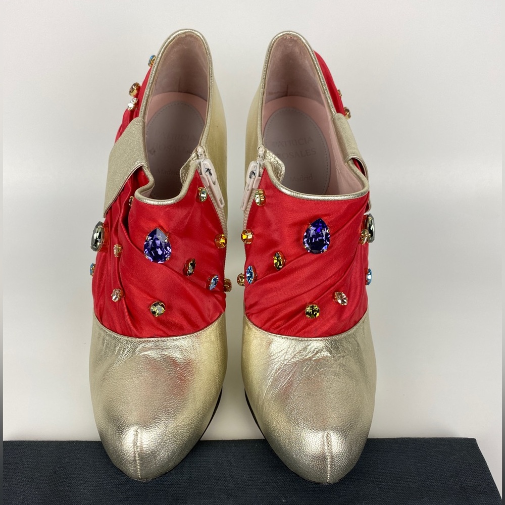 Patricia Rosales Gold Leather Red Satin Swarovski Jewel Embellished Ankle Boots - Picture 4 of 15